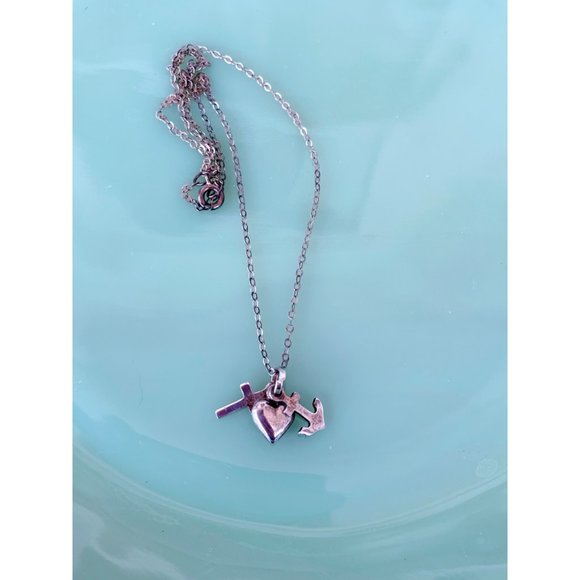Antique Sterling Charm Necklace Puffy heart, Cross, Anchor - Picture 5 of 11